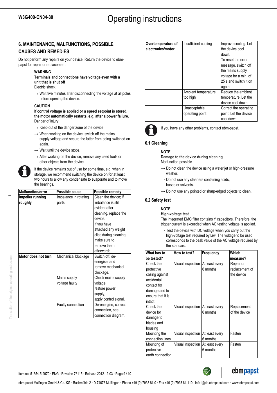 Operating instructions | ebm-papst W3G400-CN04-30 User Manual | Page 9 / 10