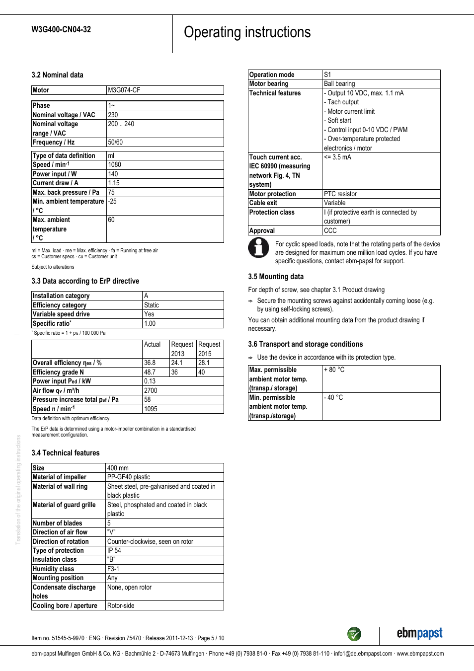 Operating instructions | ebm-papst W3G400-CN04-32 User Manual | Page 5 / 10