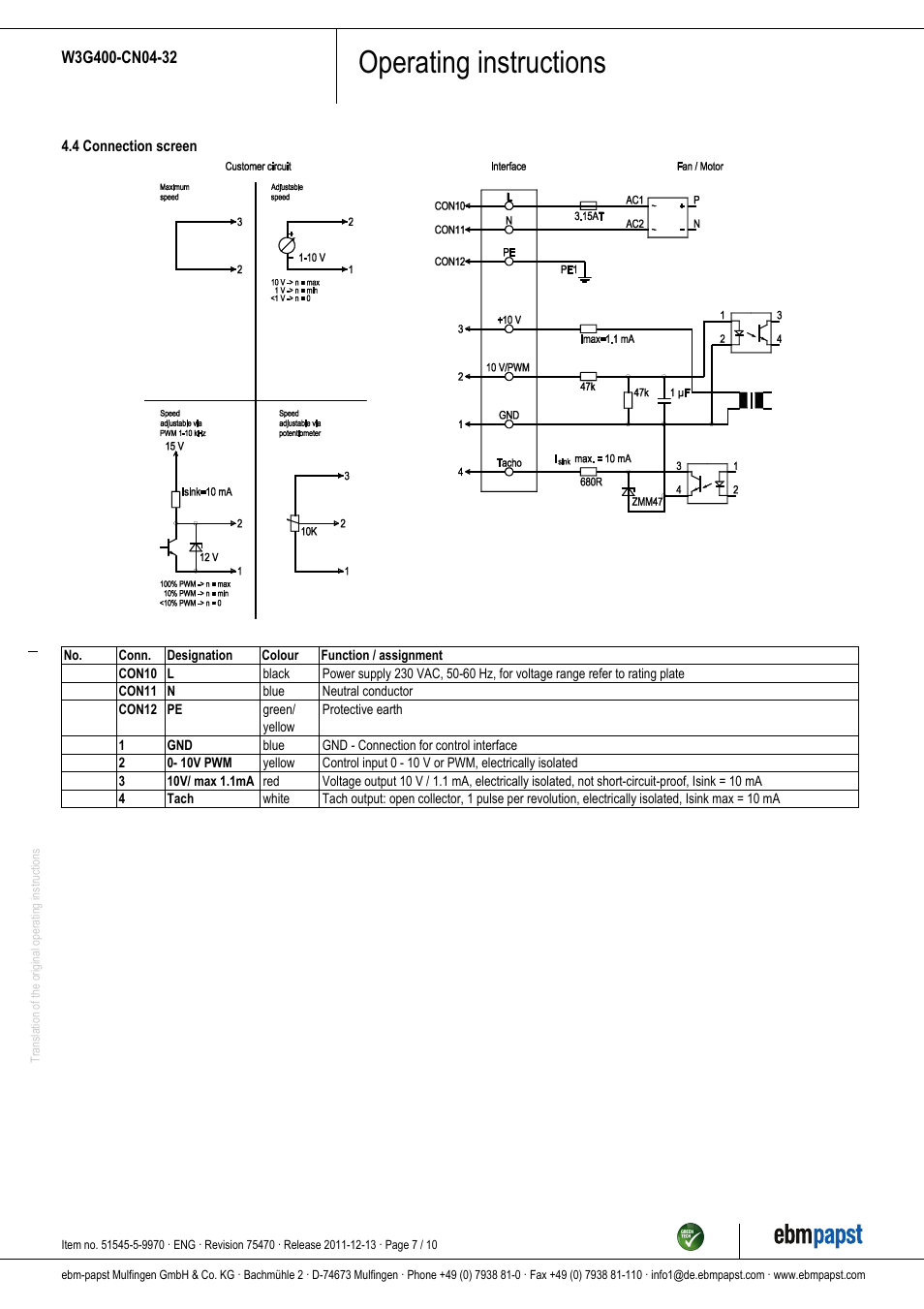Operating instructions | ebm-papst W3G400-CN04-32 User Manual | Page 7 / 10
