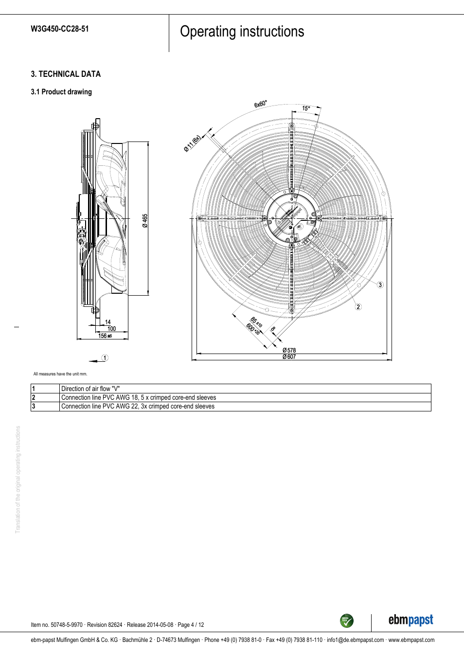 Operating instructions | ebm-papst W3G450-CC28-51 User Manual | Page 4 / 12