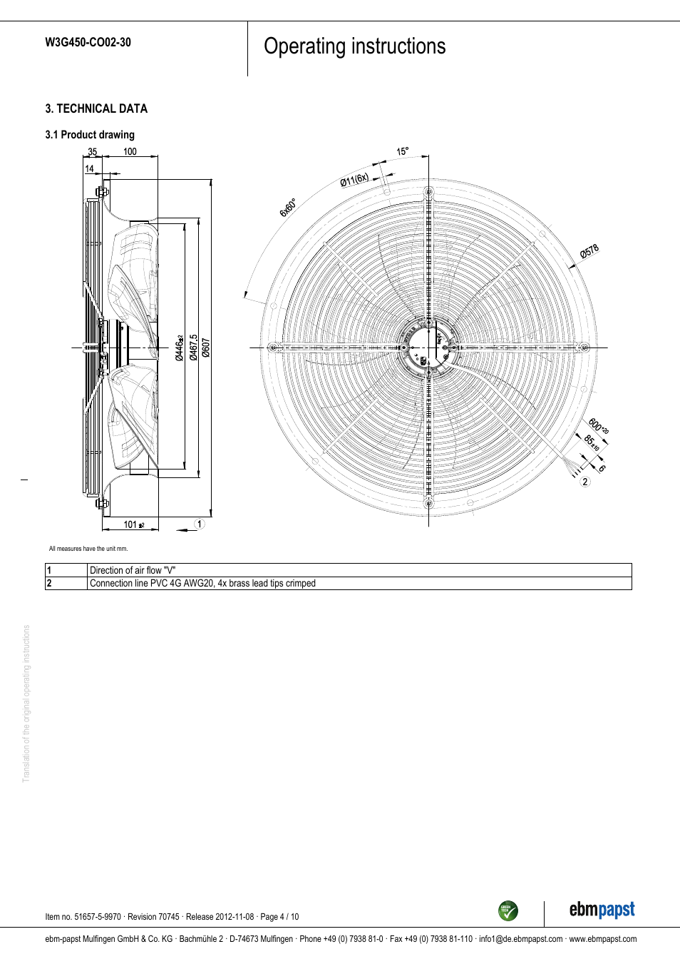 Operating instructions | ebm-papst W3G450-CO02-30 User Manual | Page 4 / 10