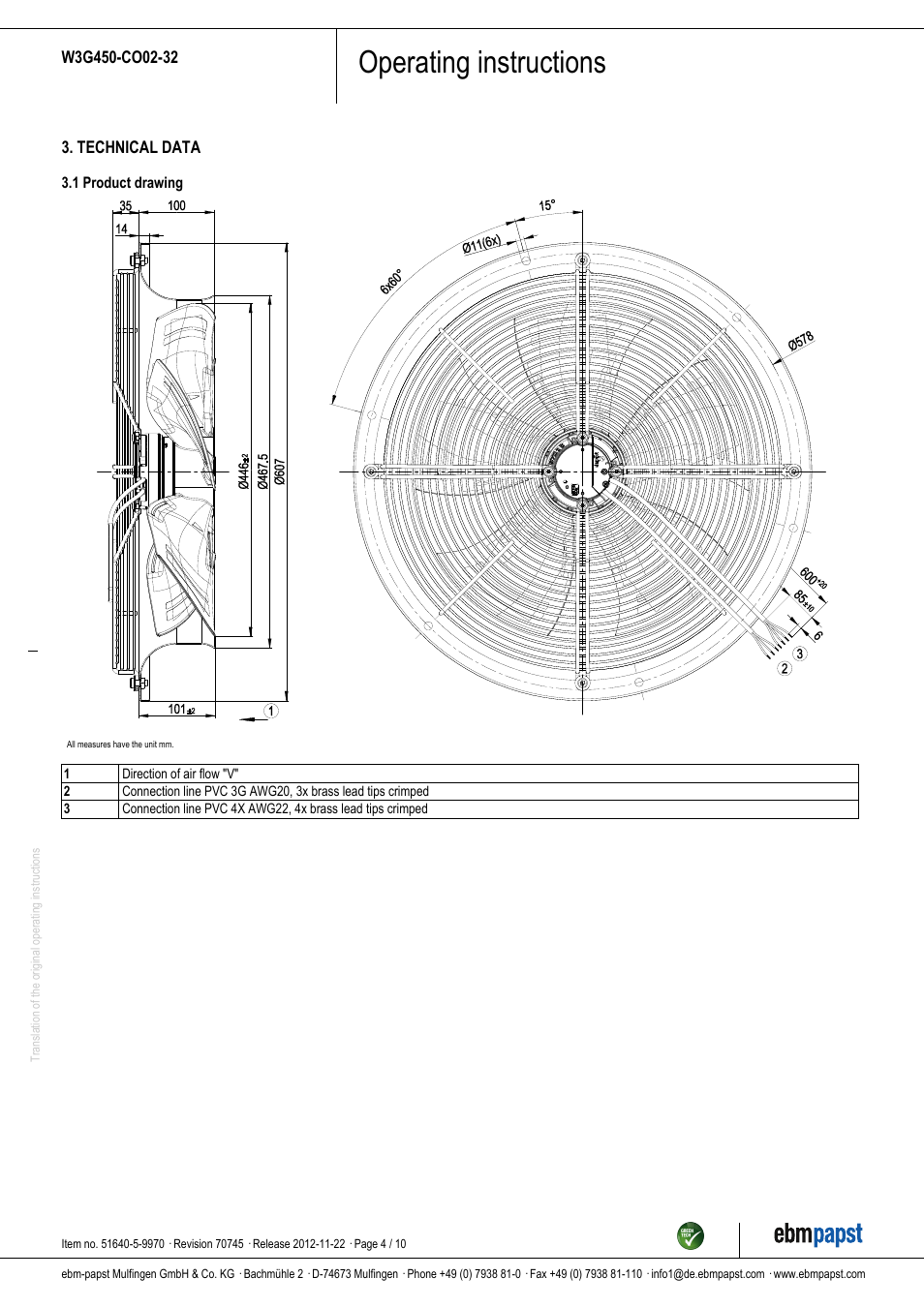 Operating instructions | ebm-papst W3G450-CO02-32 User Manual | Page 4 / 10