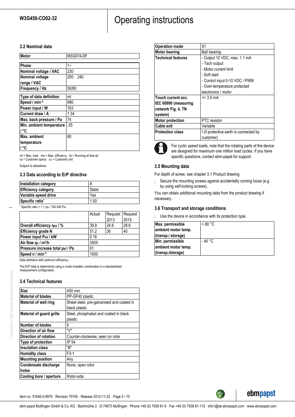 Operating instructions | ebm-papst W3G450-CO02-32 User Manual | Page 5 / 10