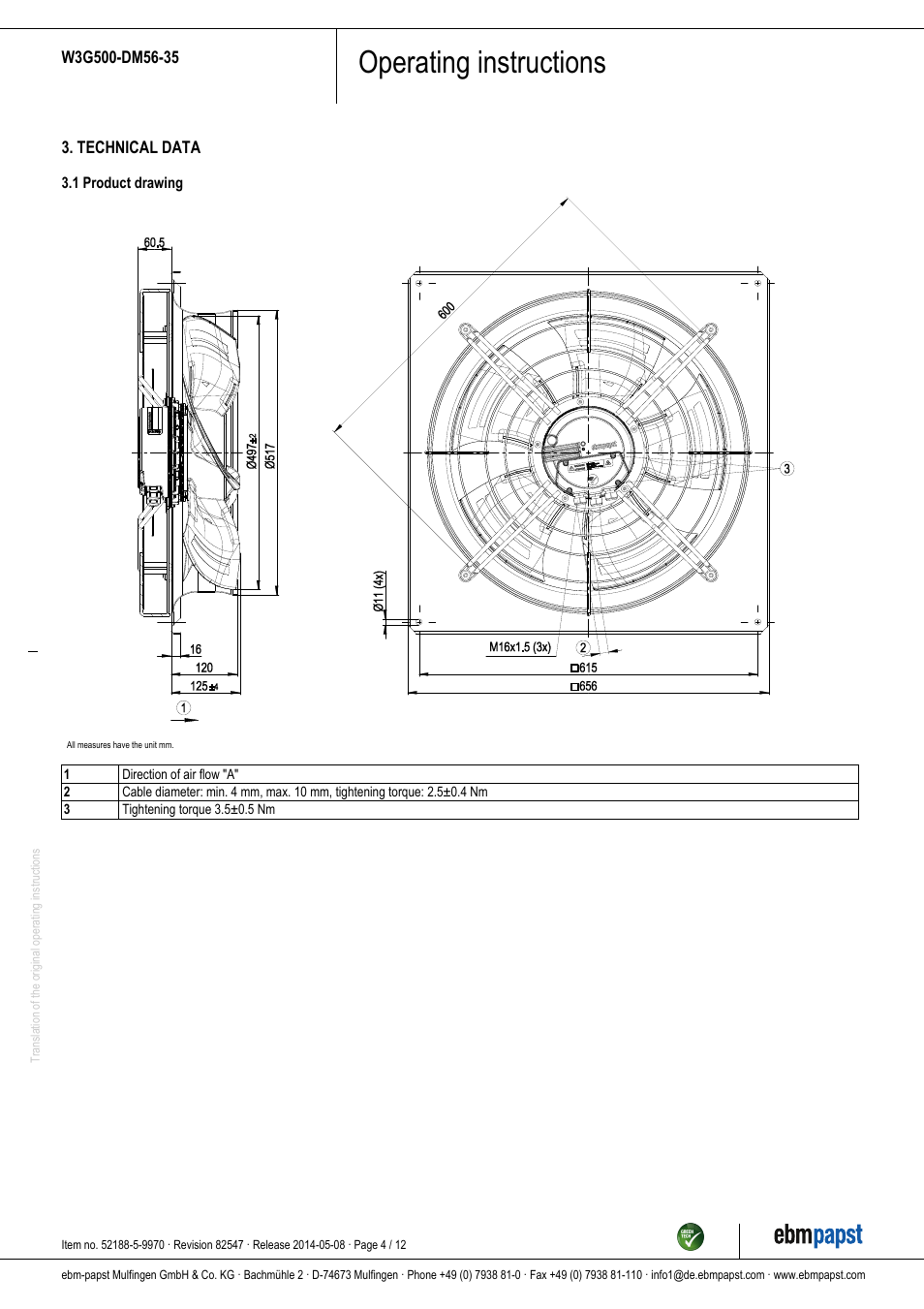 Operating instructions | ebm-papst W3G500-DM56-35 User Manual | Page 4 / 12