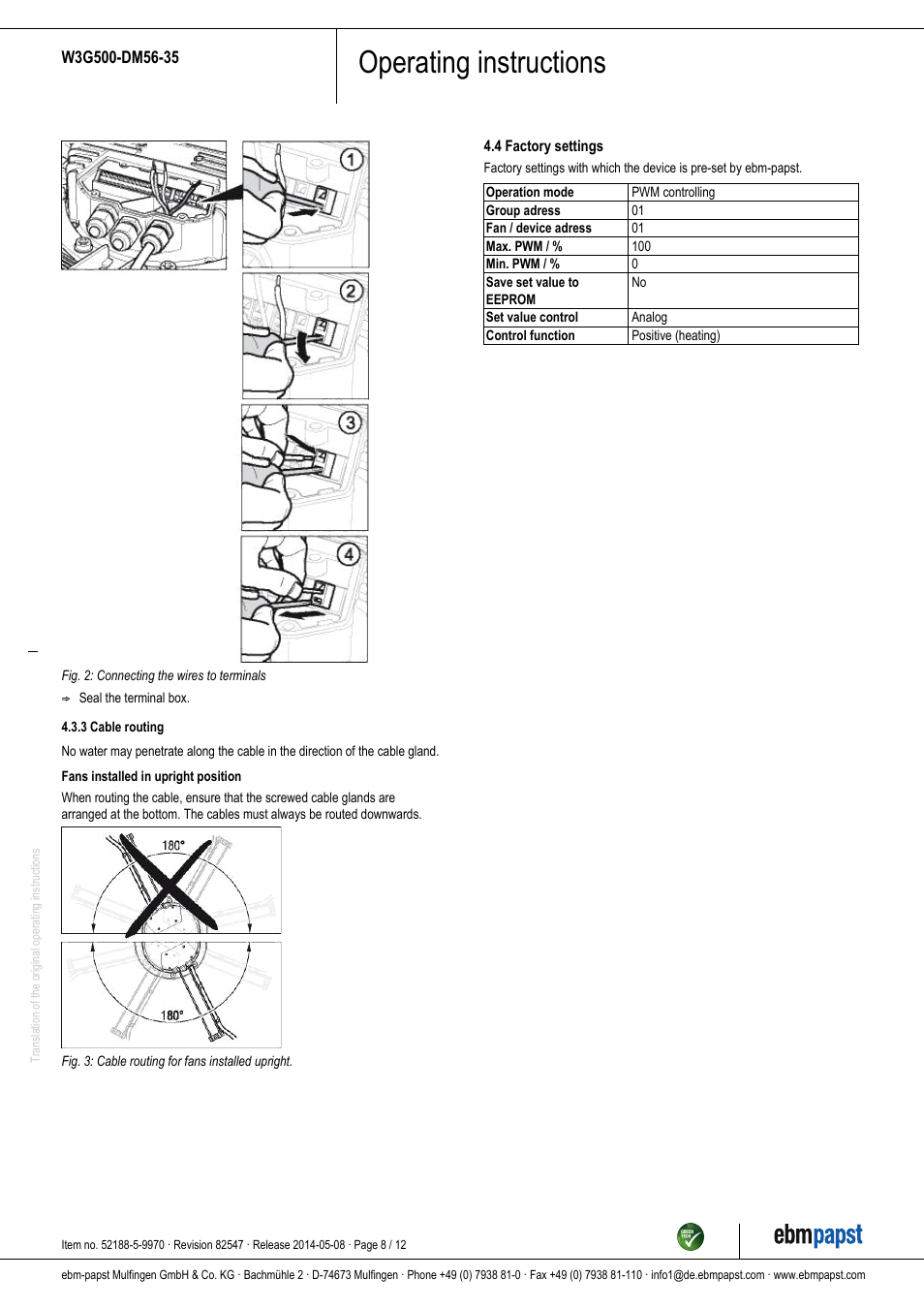 Operating instructions | ebm-papst W3G500-DM56-35 User Manual | Page 8 / 12