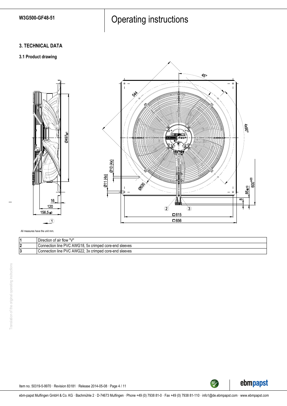 Operating instructions | ebm-papst W3G500-GF48-51 User Manual | Page 4 / 11