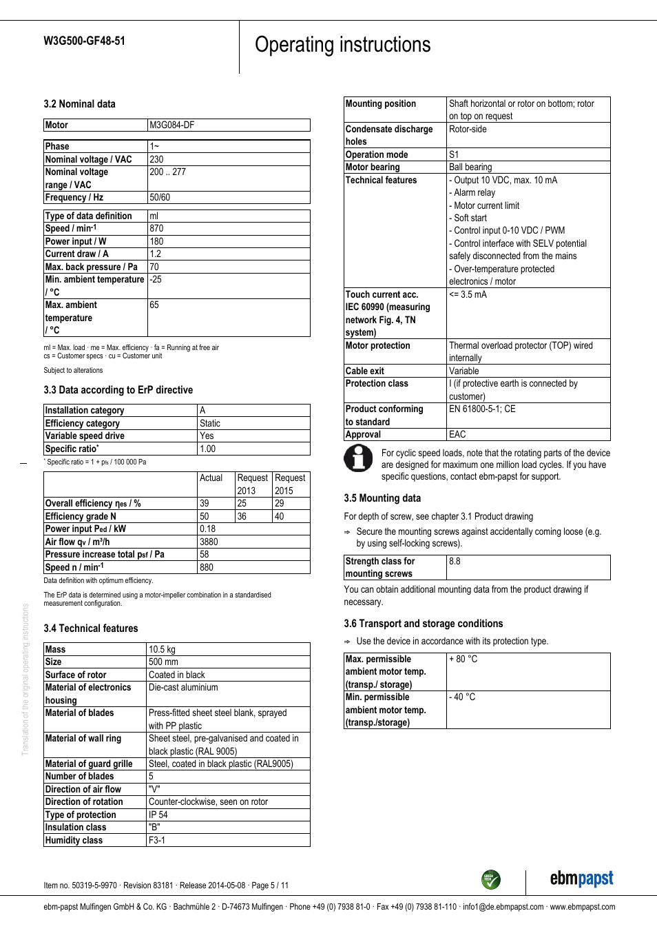 Operating instructions | ebm-papst W3G500-GF48-51 User Manual | Page 5 / 11