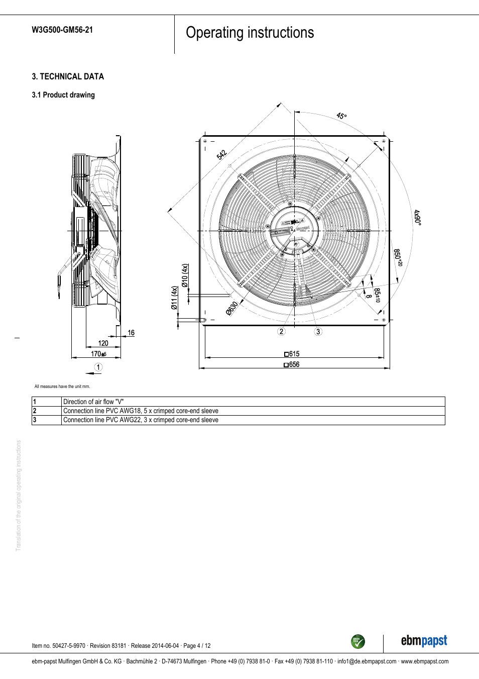 Operating instructions | ebm-papst W3G500-GM56-21 User Manual | Page 4 / 12