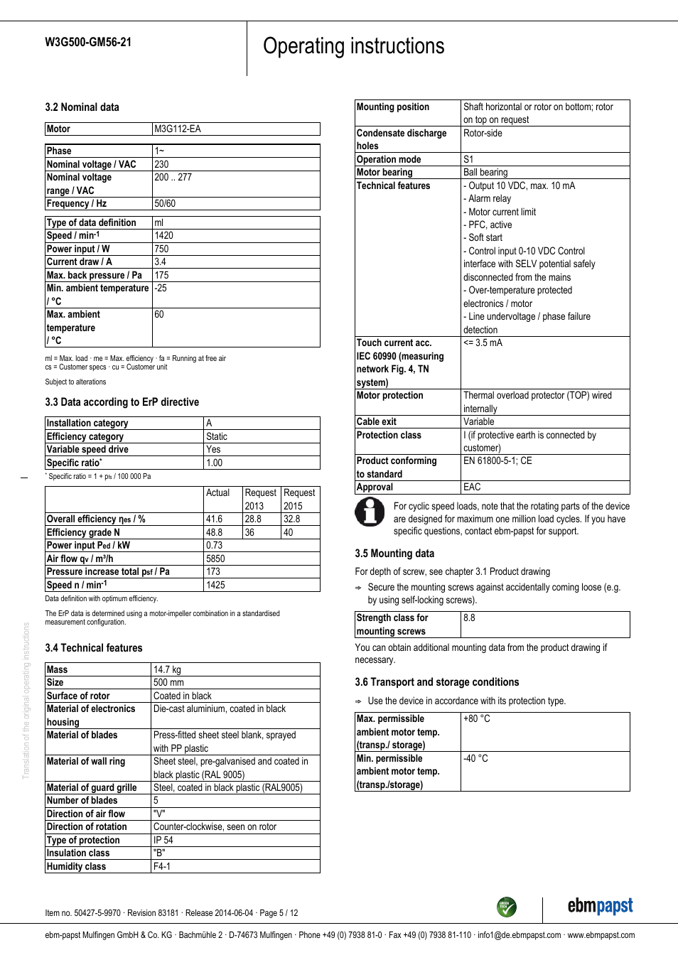 Operating instructions | ebm-papst W3G500-GM56-21 User Manual | Page 5 / 12