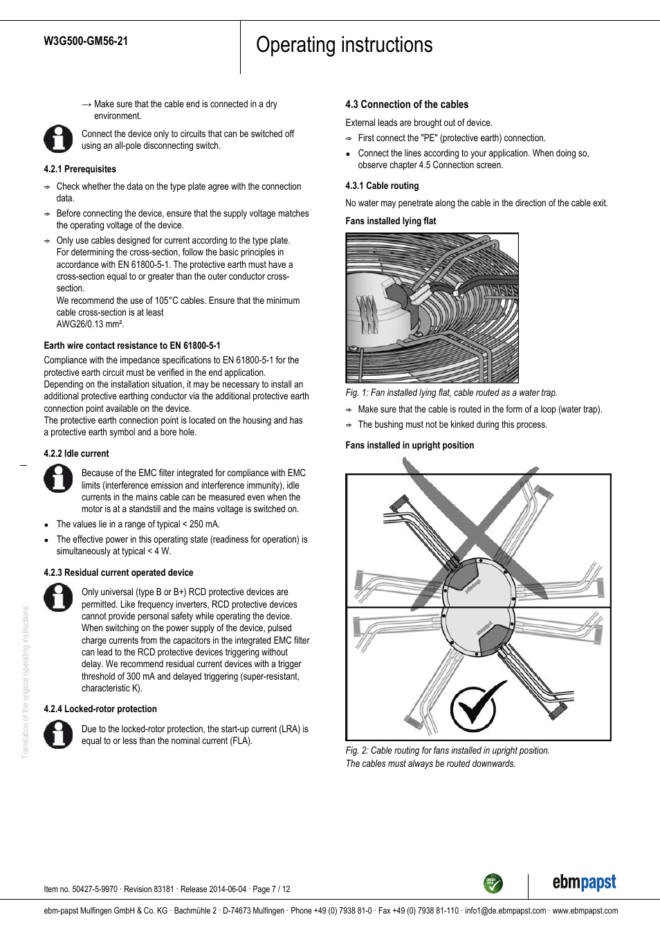 Operating instructions | ebm-papst W3G500-GM56-21 User Manual | Page 7 / 12