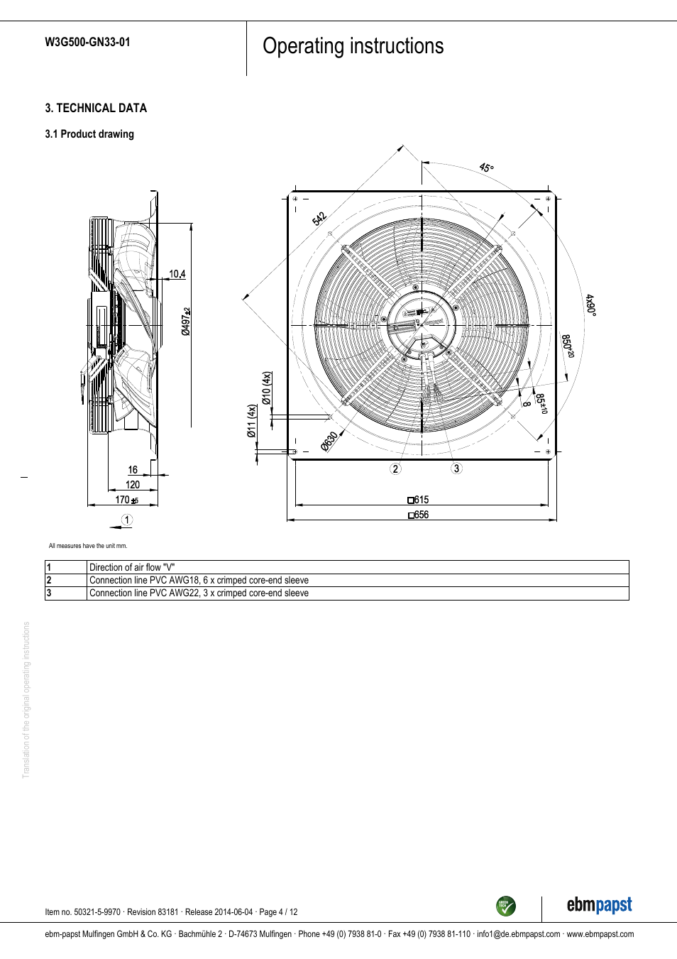 Operating instructions | ebm-papst W3G500-GN33-01 User Manual | Page 4 / 12