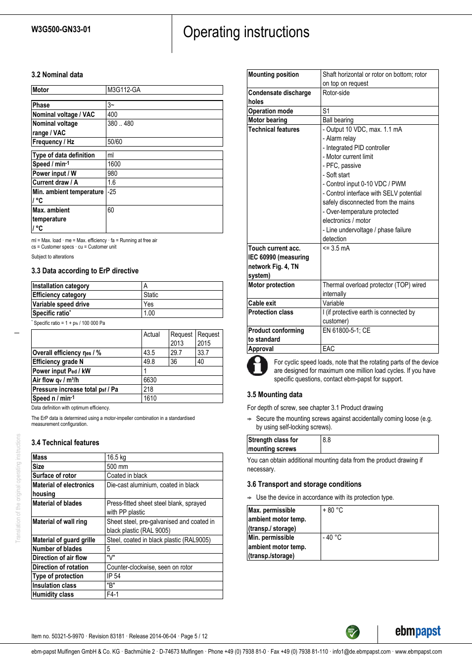 Operating instructions | ebm-papst W3G500-GN33-01 User Manual | Page 5 / 12