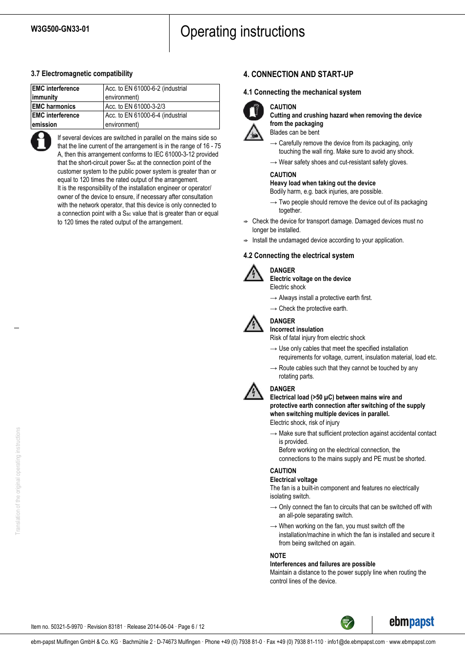 Operating instructions | ebm-papst W3G500-GN33-01 User Manual | Page 6 / 12