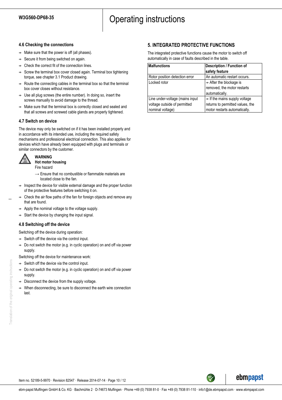 Operating instructions | ebm-papst W3G560-DP68-35 User Manual | Page 10 / 12