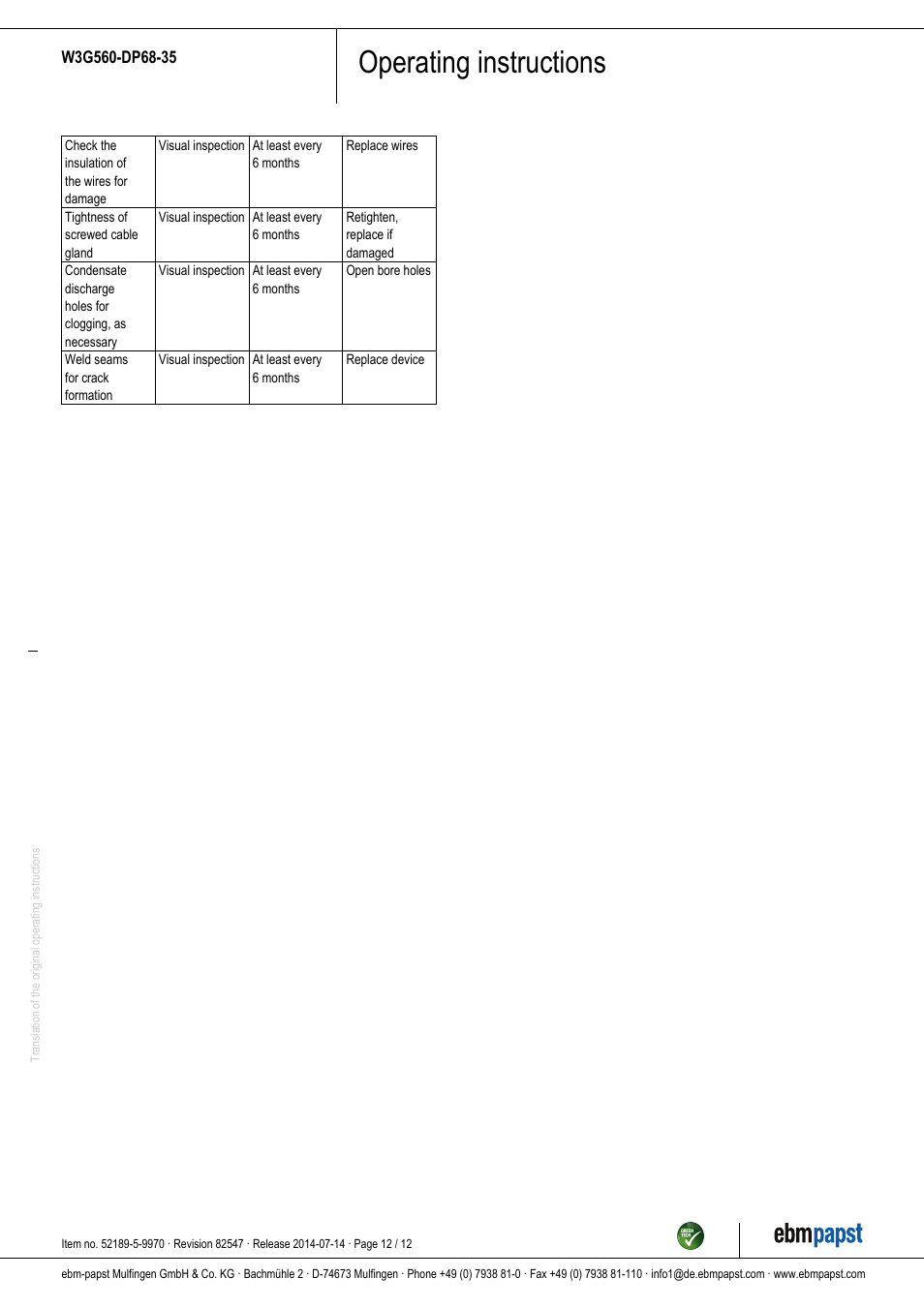 Operating instructions | ebm-papst W3G560-DP68-35 User Manual | Page 12 / 12