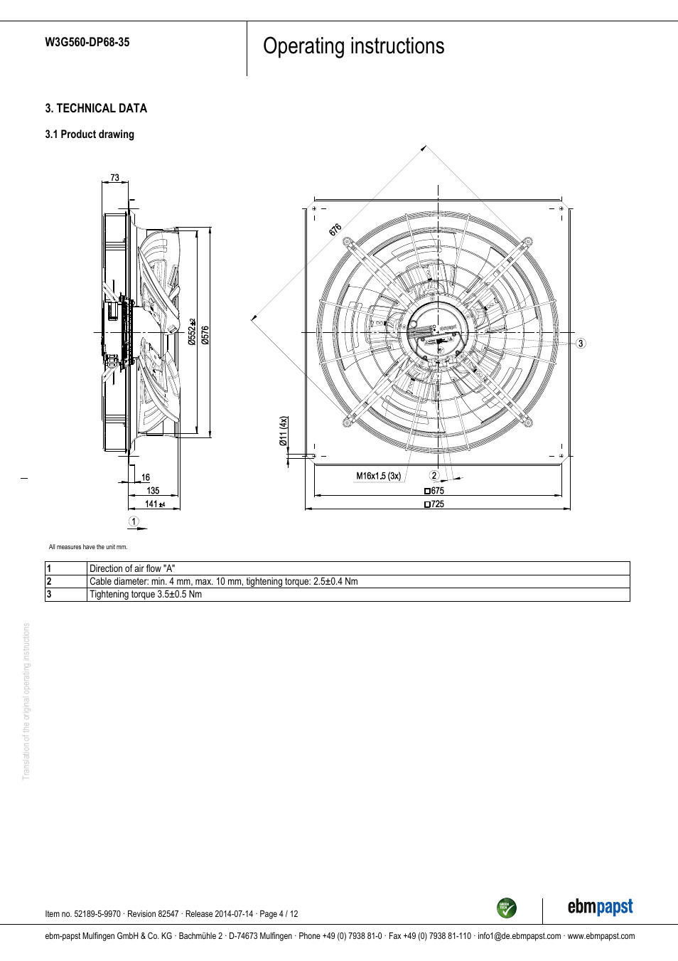 Operating instructions | ebm-papst W3G560-DP68-35 User Manual | Page 4 / 12