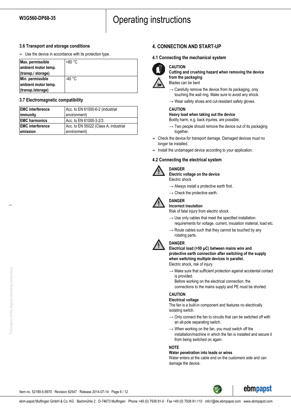Operating instructions | ebm-papst W3G560-DP68-35 User Manual | Page 6 / 12