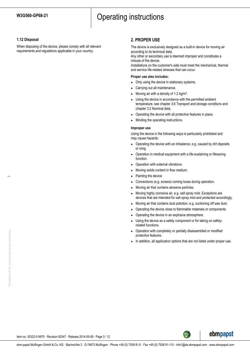 Operating instructions, Proper use | ebm-papst W3G560-GP68-21 User Manual | Page 3 / 12