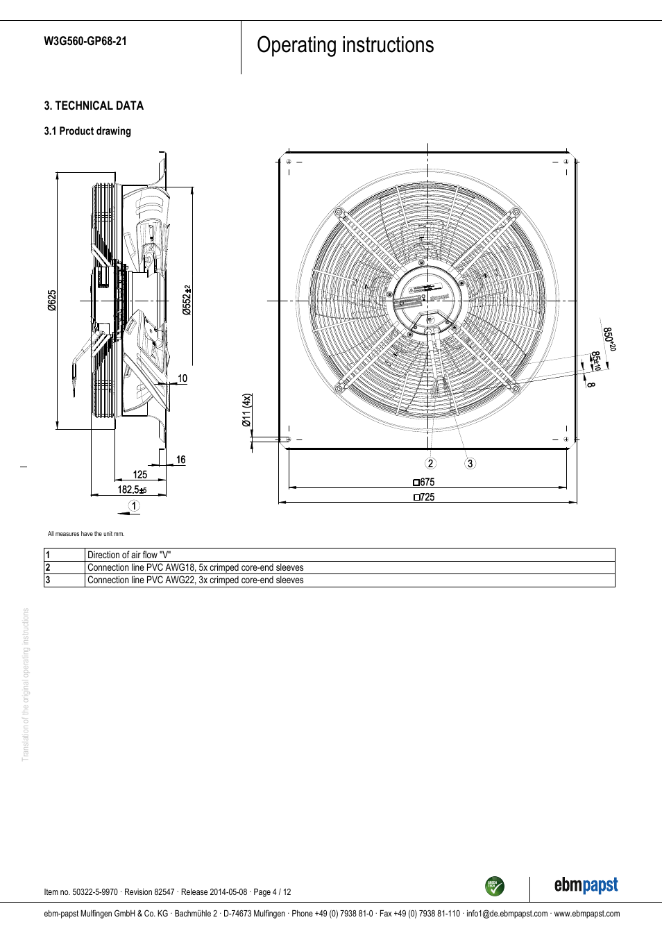 Operating instructions | ebm-papst W3G560-GP68-21 User Manual | Page 4 / 12