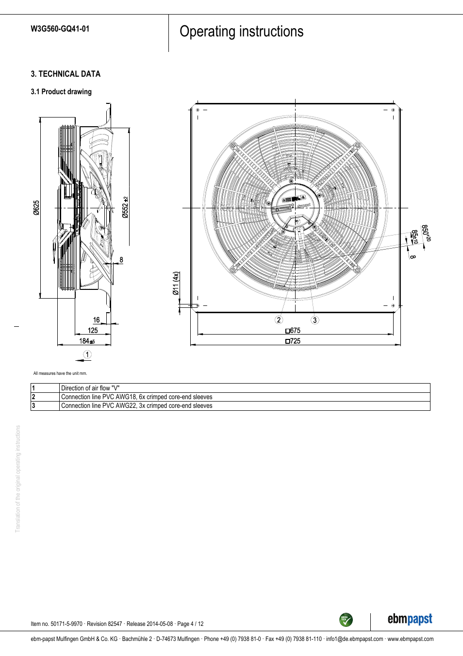 Operating instructions | ebm-papst W3G560-GQ41-01 User Manual | Page 4 / 12