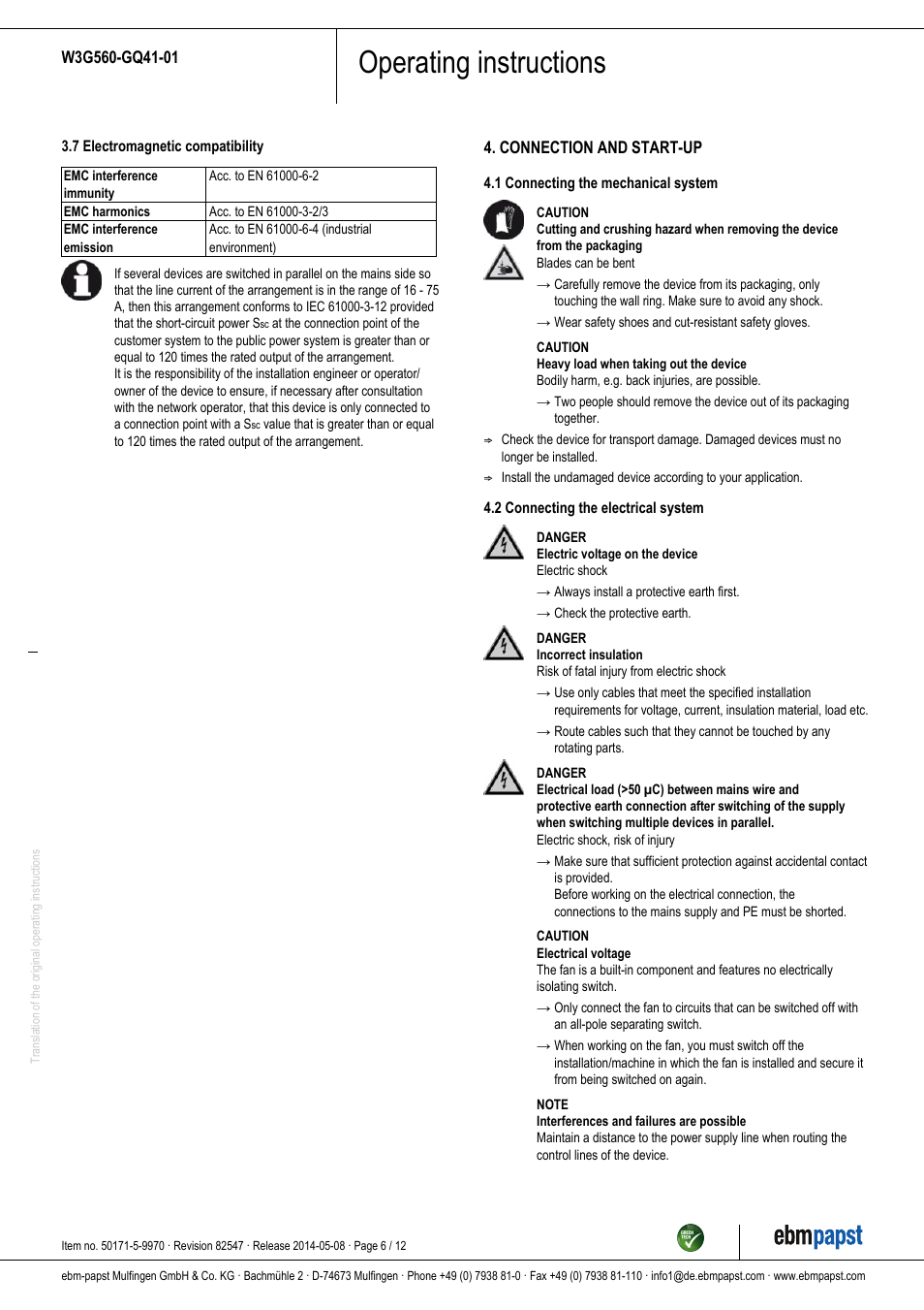Operating instructions | ebm-papst W3G560-GQ41-01 User Manual | Page 6 / 12