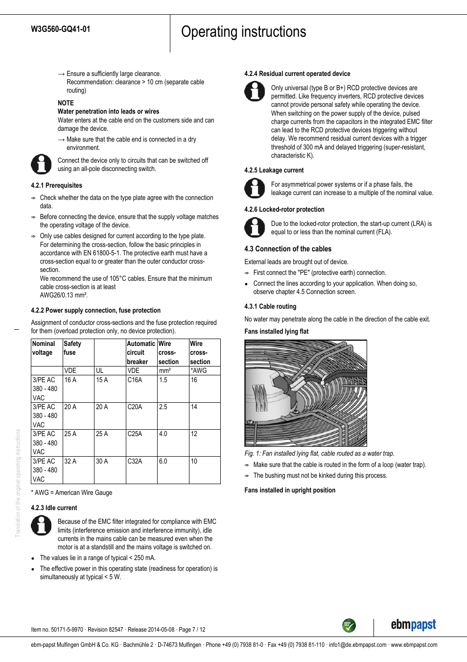 Operating instructions | ebm-papst W3G560-GQ41-01 User Manual | Page 7 / 12