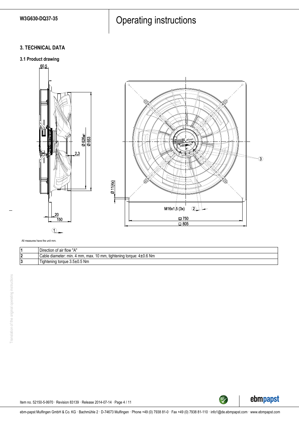 Operating instructions | ebm-papst W3G630-DQ37-35 User Manual | Page 4 / 11