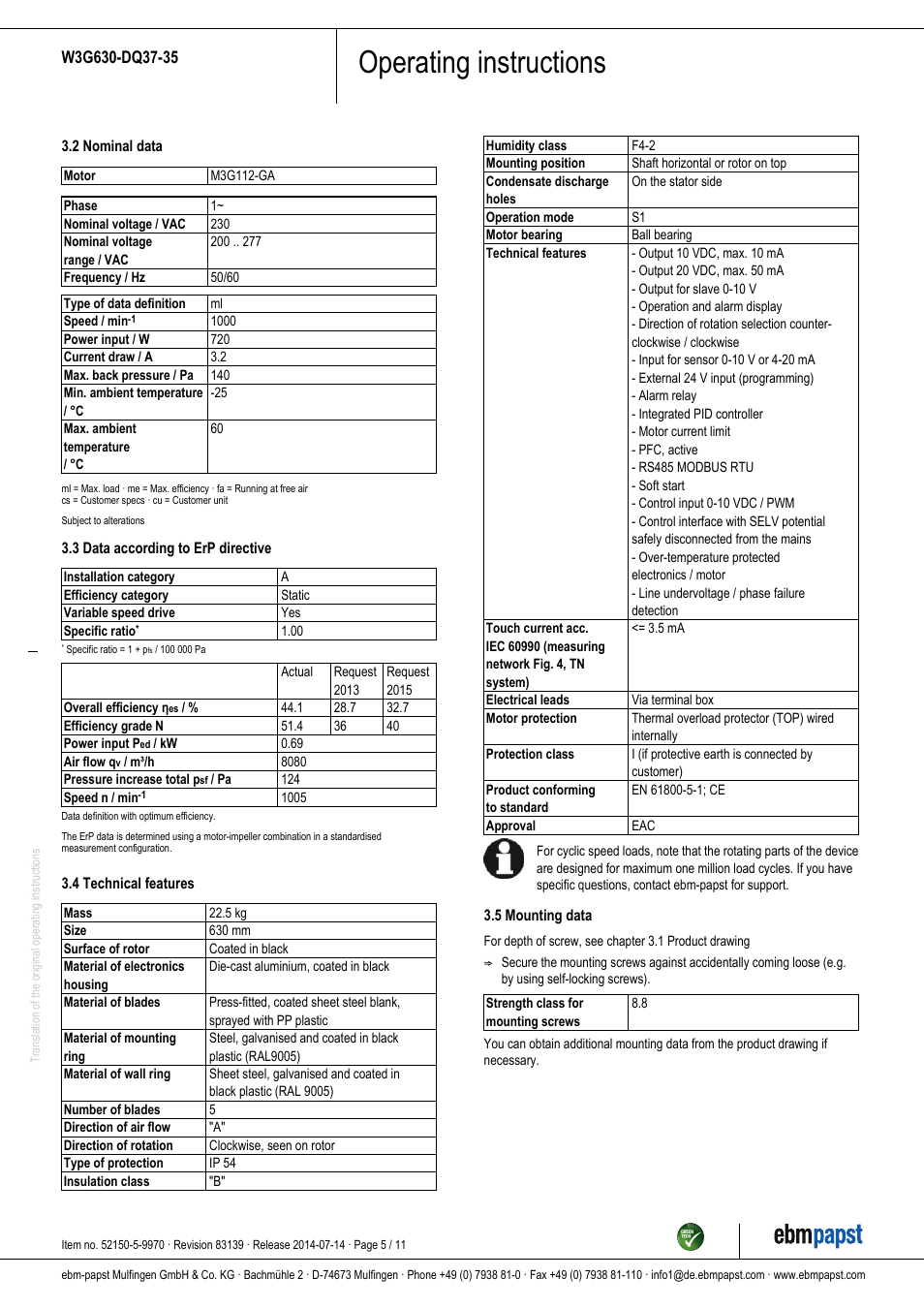 Operating instructions | ebm-papst W3G630-DQ37-35 User Manual | Page 5 / 11