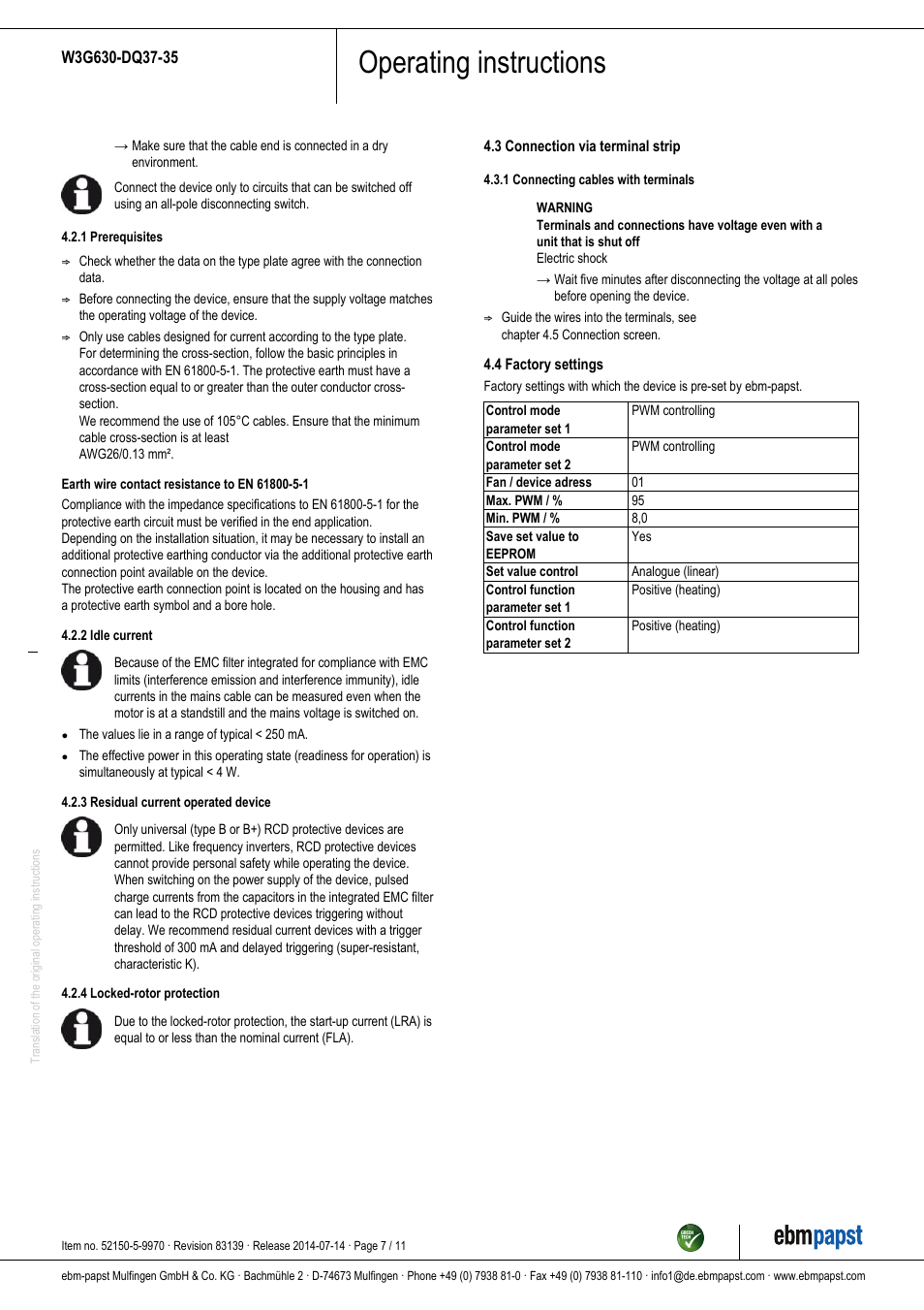 Operating instructions | ebm-papst W3G630-DQ37-35 User Manual | Page 7 / 11