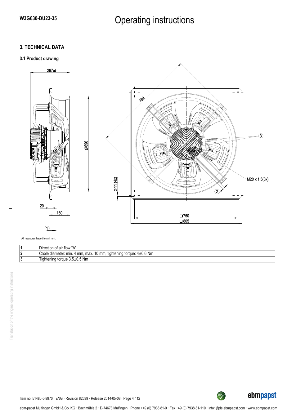 Operating instructions | ebm-papst W3G630-DU23-35 User Manual | Page 4 / 12