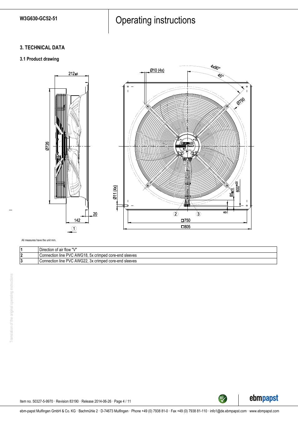 Operating instructions | ebm-papst W3G630-GC52-51 User Manual | Page 4 / 11
