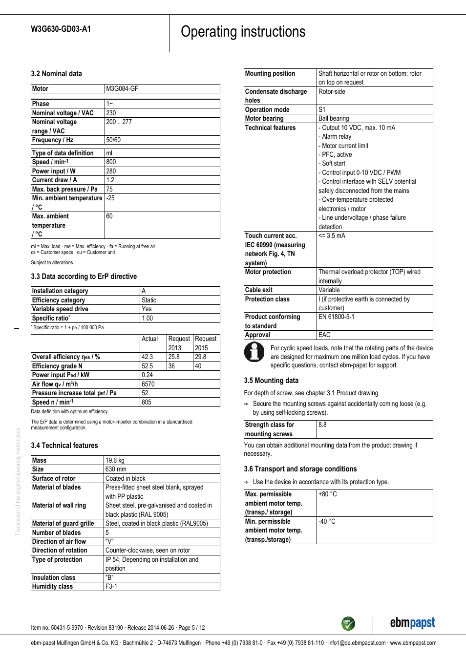 Operating instructions | ebm-papst W3G630-GD03-A1 User Manual | Page 5 / 12