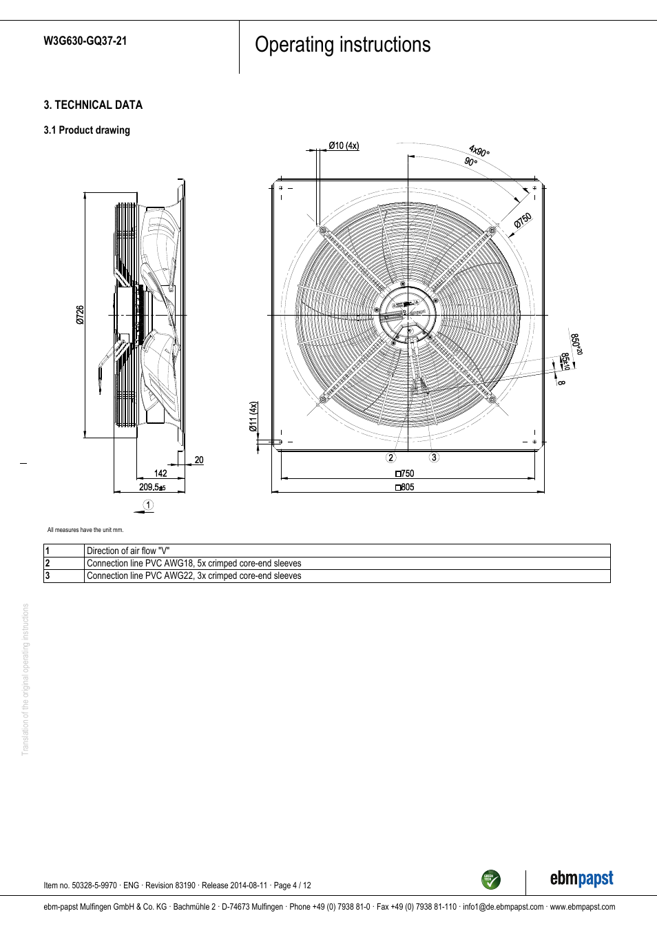 Operating instructions | ebm-papst W3G630-GQ37-21 User Manual | Page 4 / 12