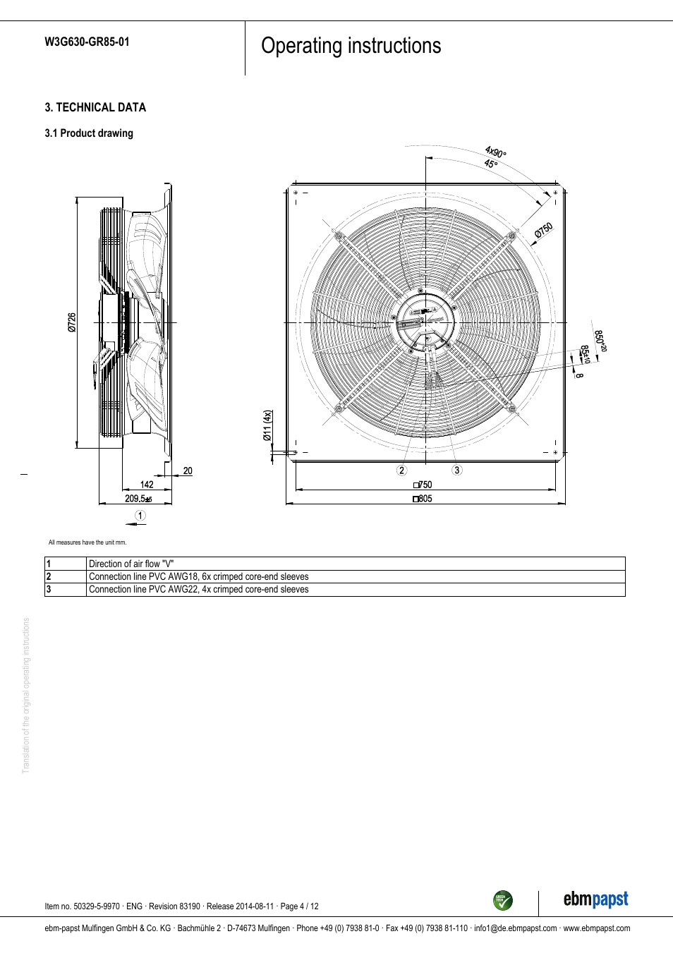 Operating instructions | ebm-papst W3G630-GR85-01 User Manual | Page 4 / 12