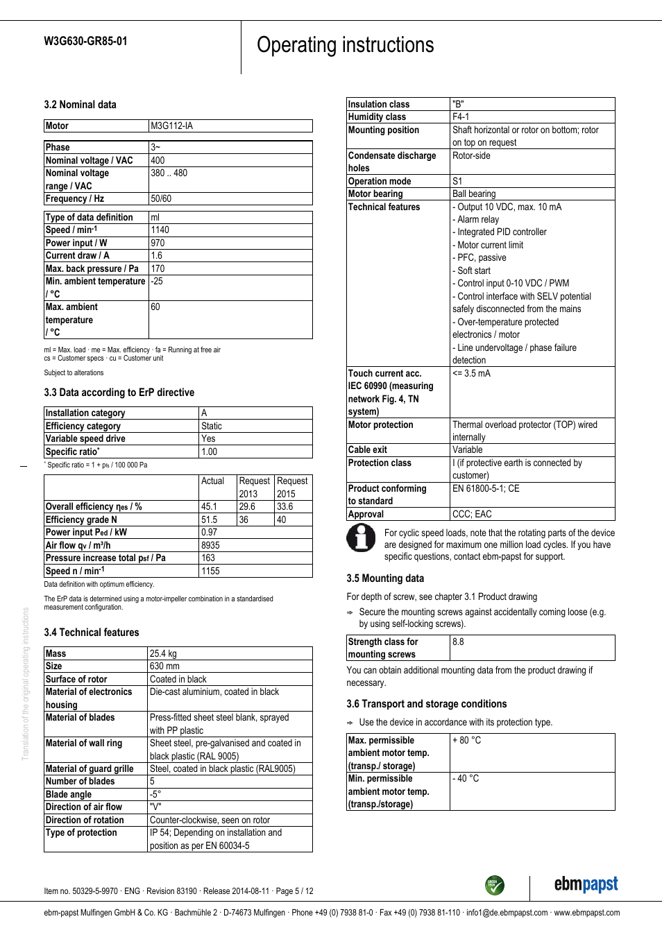 Operating instructions | ebm-papst W3G630-GR85-01 User Manual | Page 5 / 12