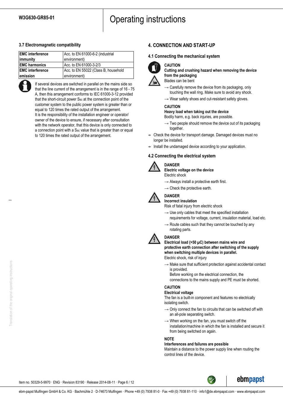 Operating instructions | ebm-papst W3G630-GR85-01 User Manual | Page 6 / 12