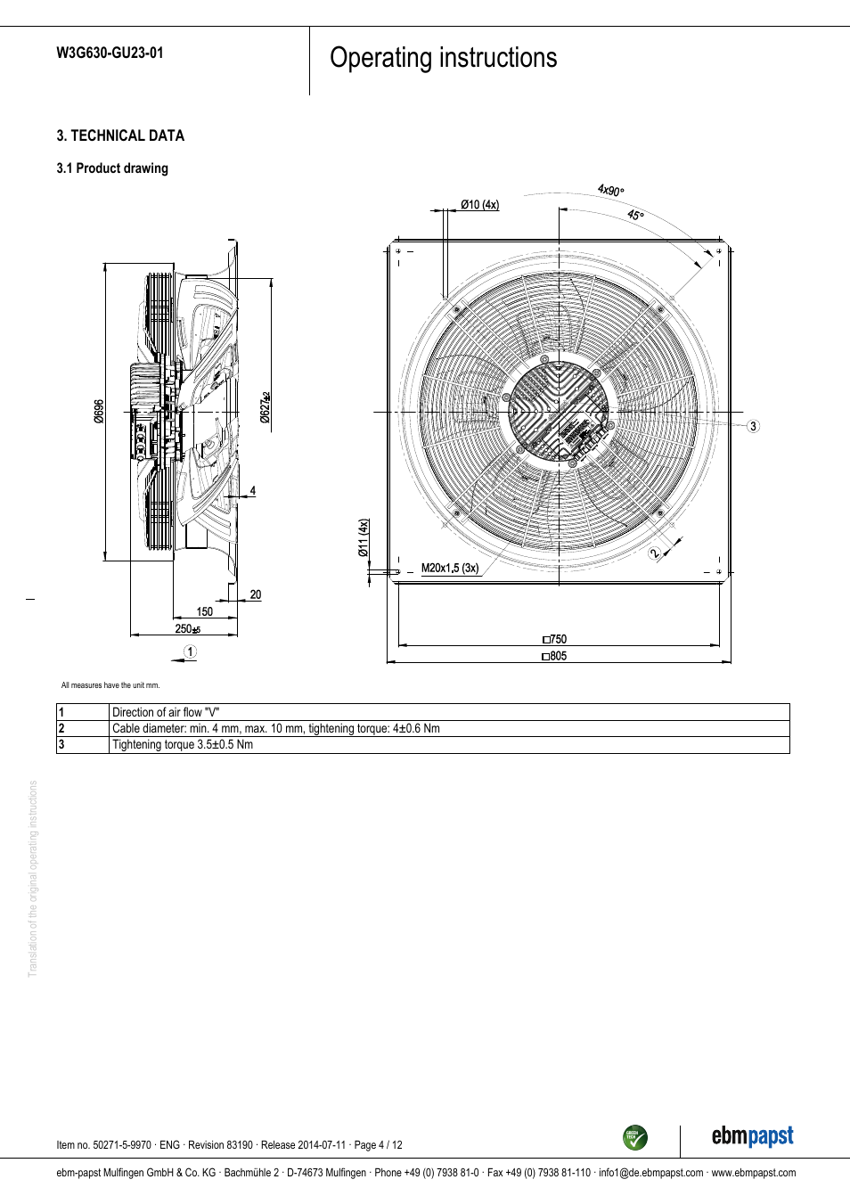 Operating instructions | ebm-papst W3G630-GU23-01 User Manual | Page 4 / 12