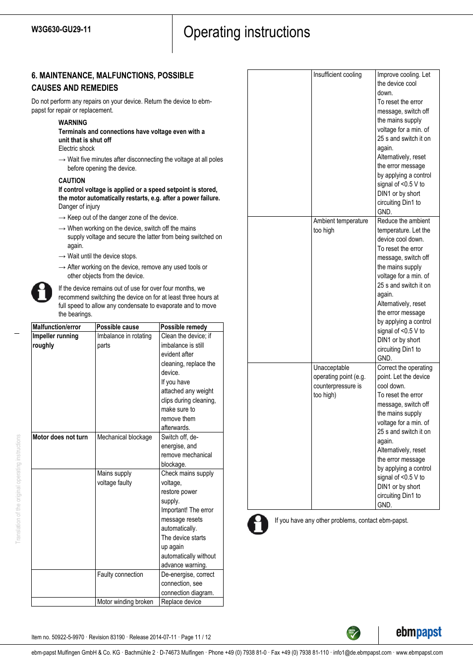 Operating instructions | ebm-papst W3G630-GU29-11 User Manual | Page 11 / 12