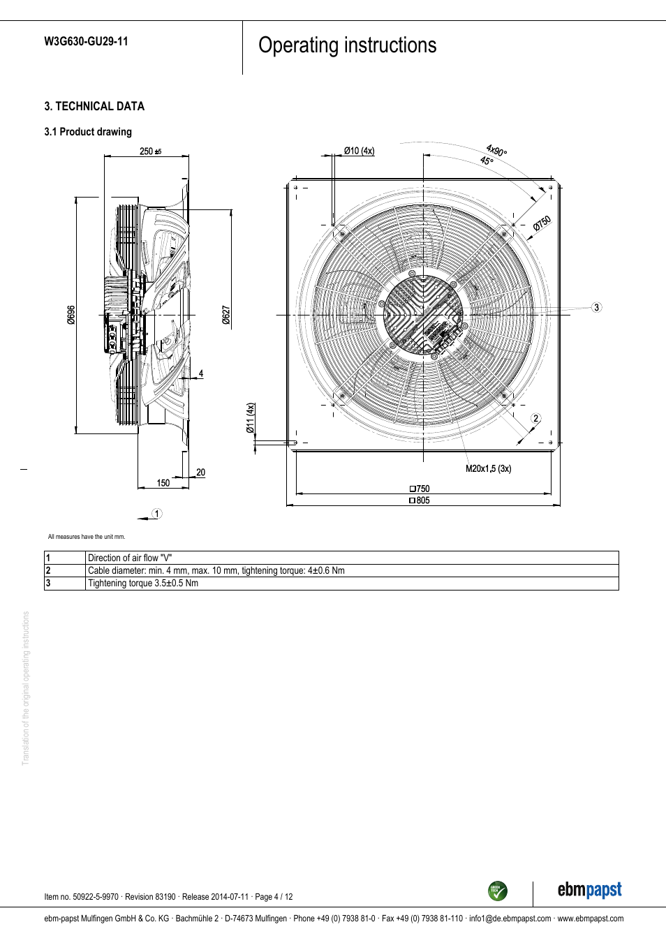 Operating instructions | ebm-papst W3G630-GU29-11 User Manual | Page 4 / 12