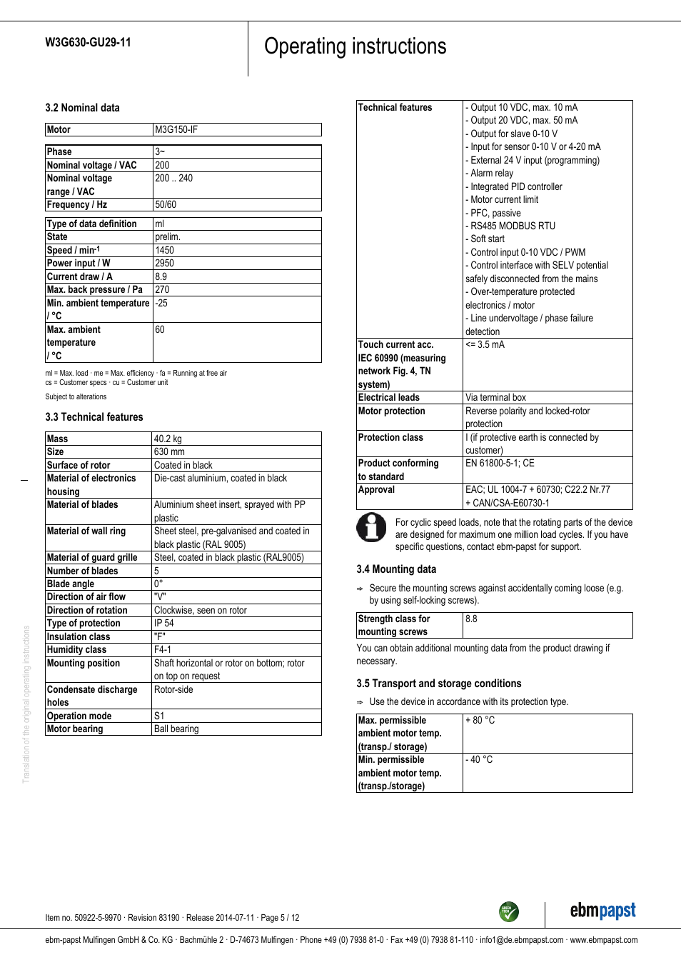 Operating instructions | ebm-papst W3G630-GU29-11 User Manual | Page 5 / 12