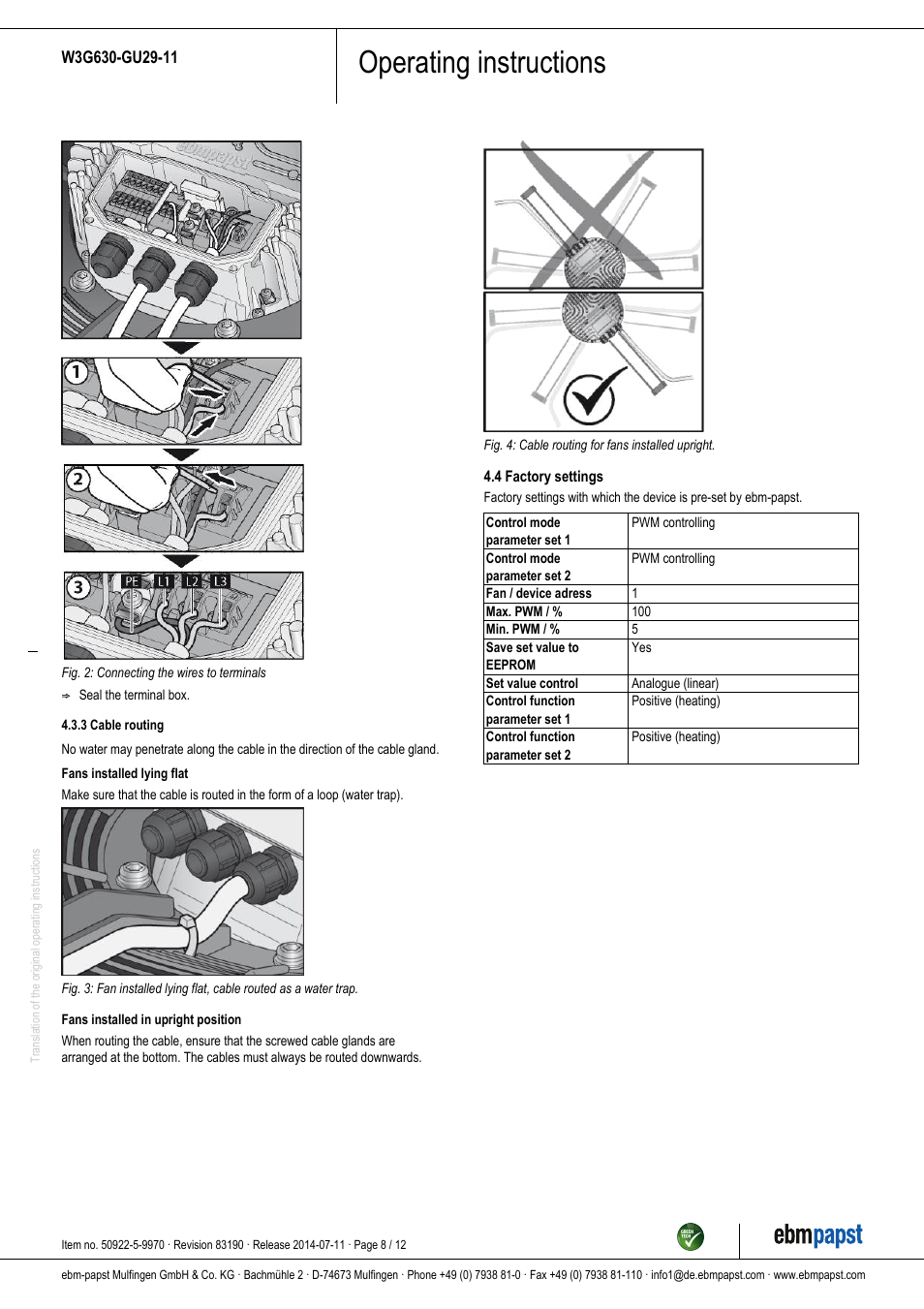 Operating instructions | ebm-papst W3G630-GU29-11 User Manual | Page 8 / 12