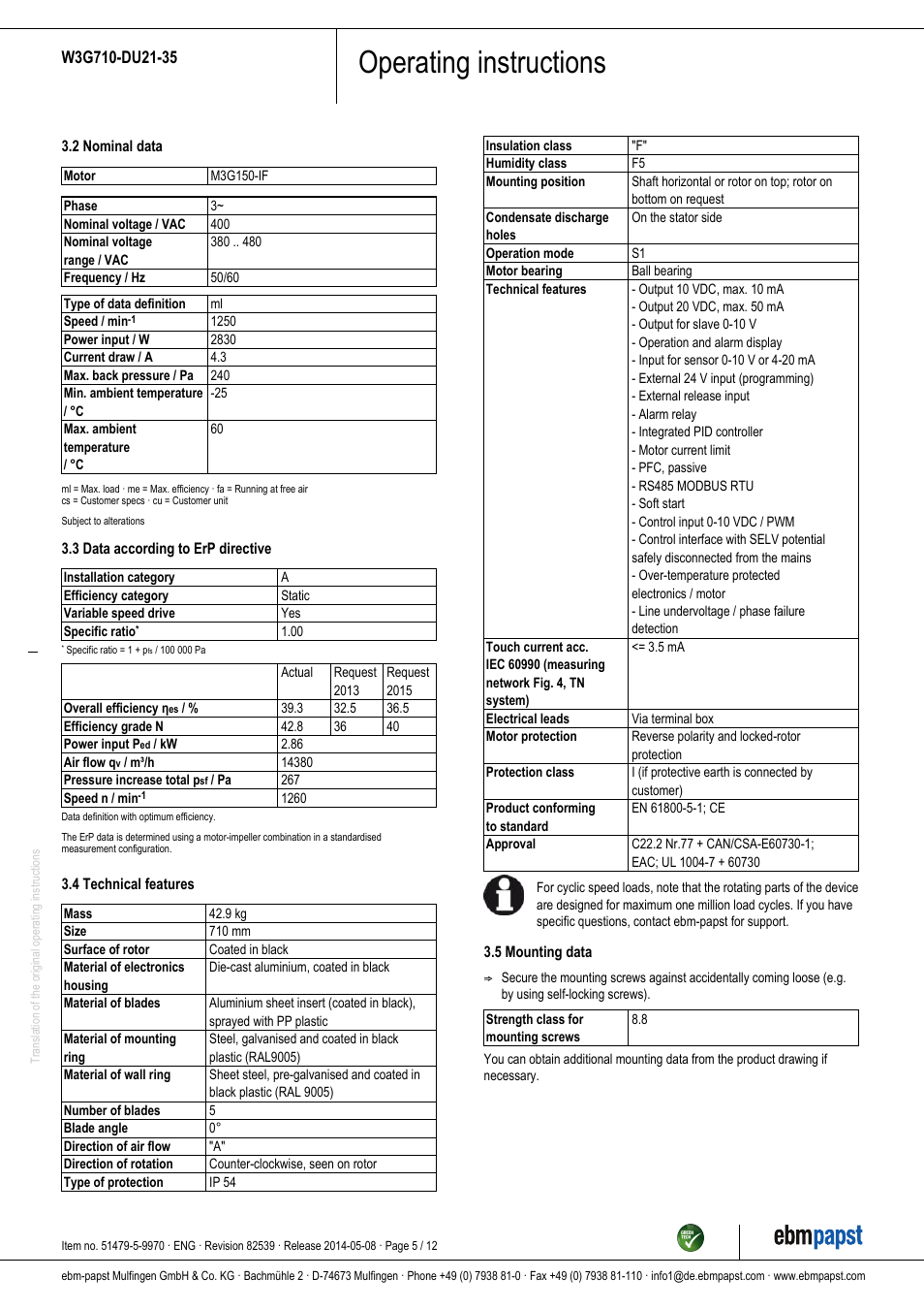 Operating instructions | ebm-papst W3G710-DU21-35 User Manual | Page 5 / 12