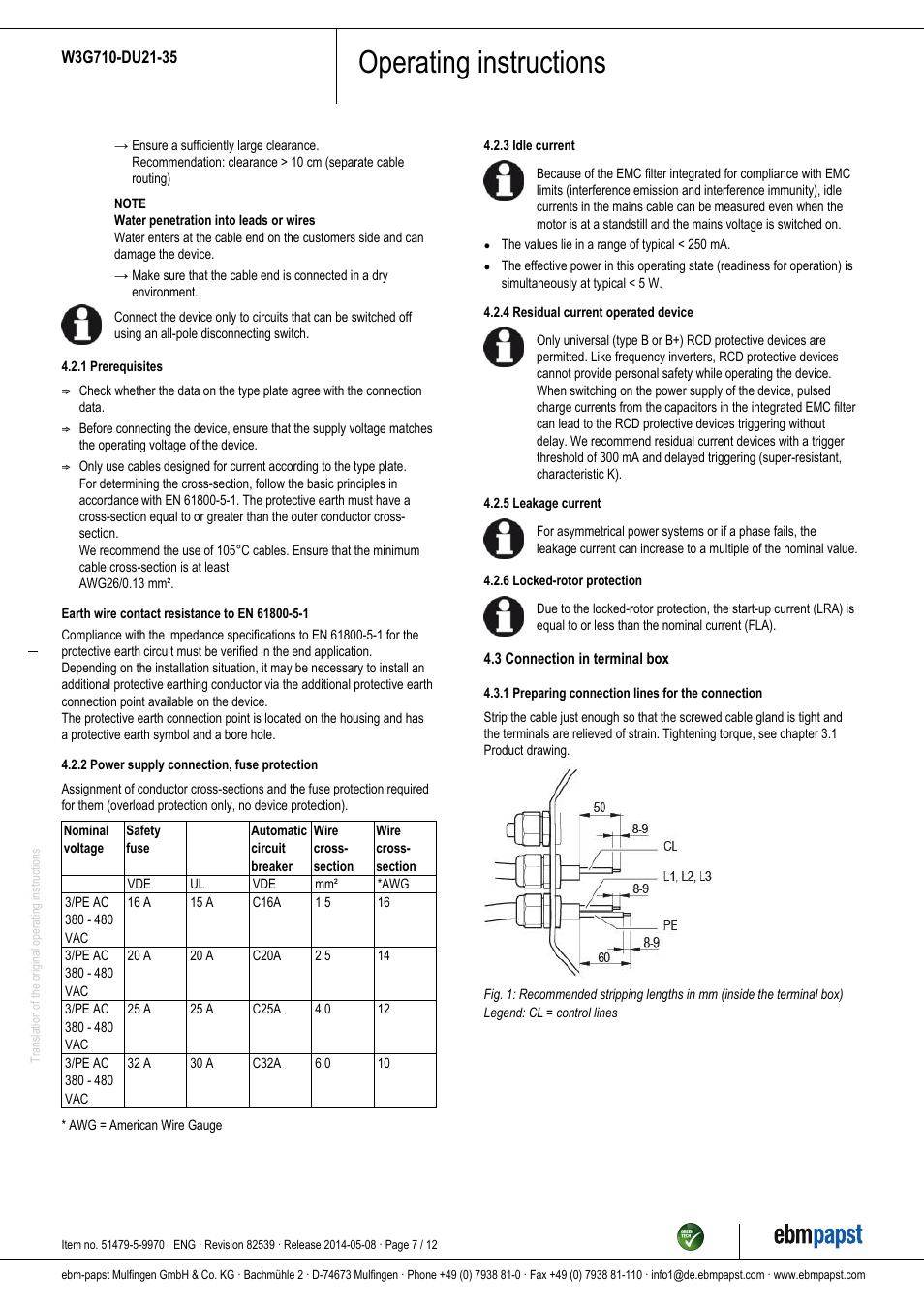 Operating instructions | ebm-papst W3G710-DU21-35 User Manual | Page 7 / 12