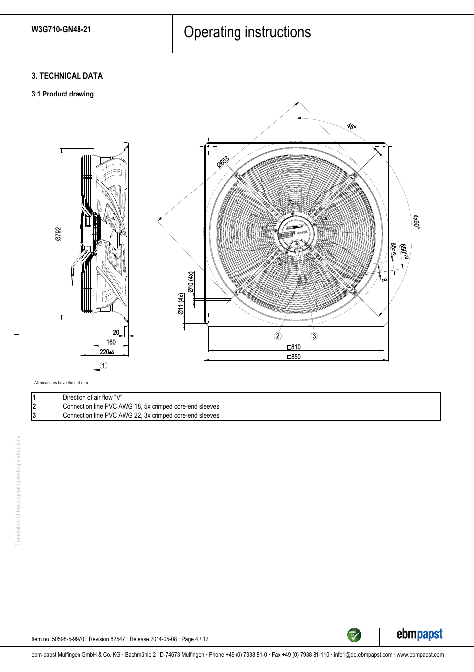 Operating instructions | ebm-papst W3G710-GN48-21 User Manual | Page 4 / 12