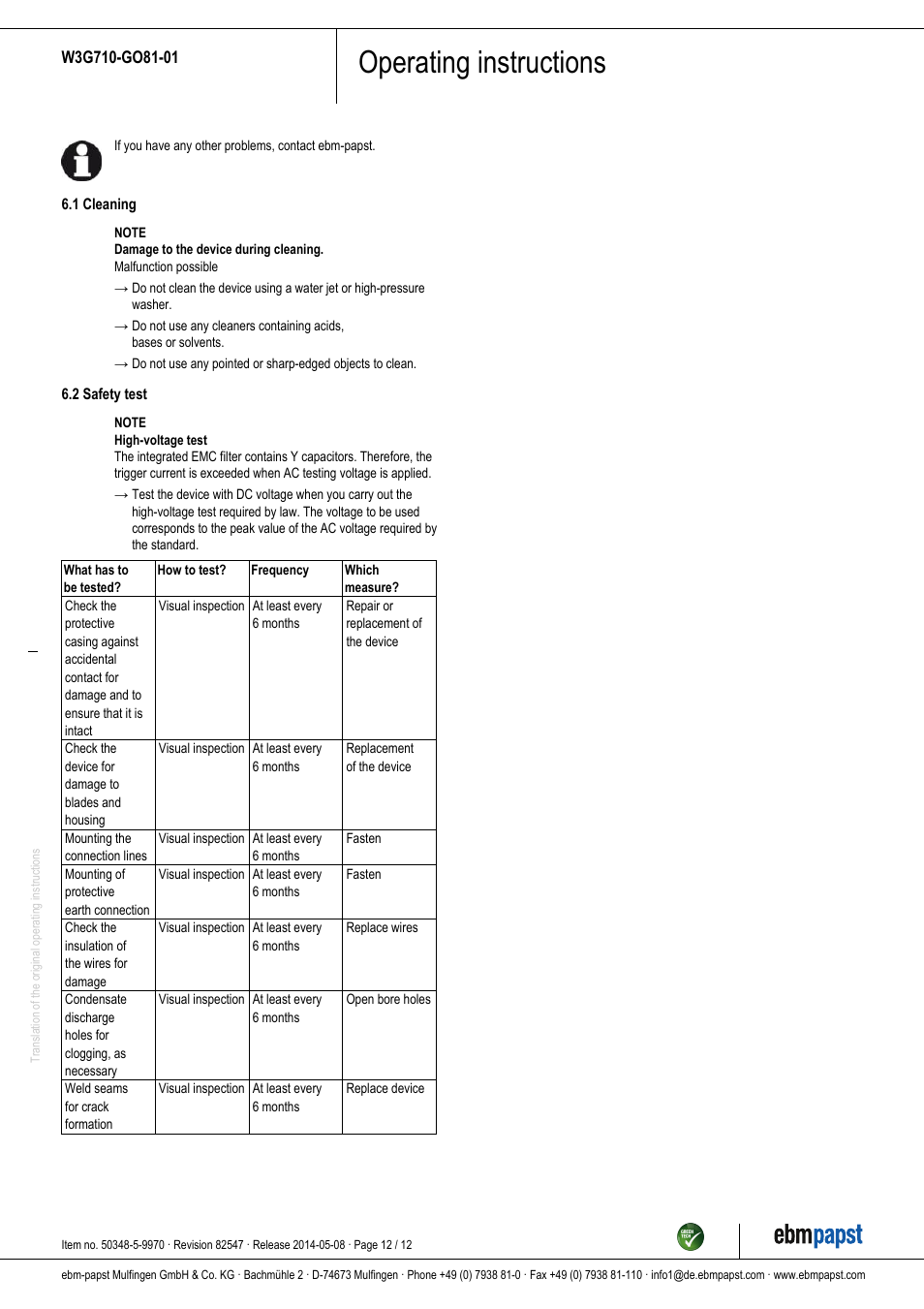 Operating instructions | ebm-papst W3G710-GO81-01 User Manual | Page 12 / 12