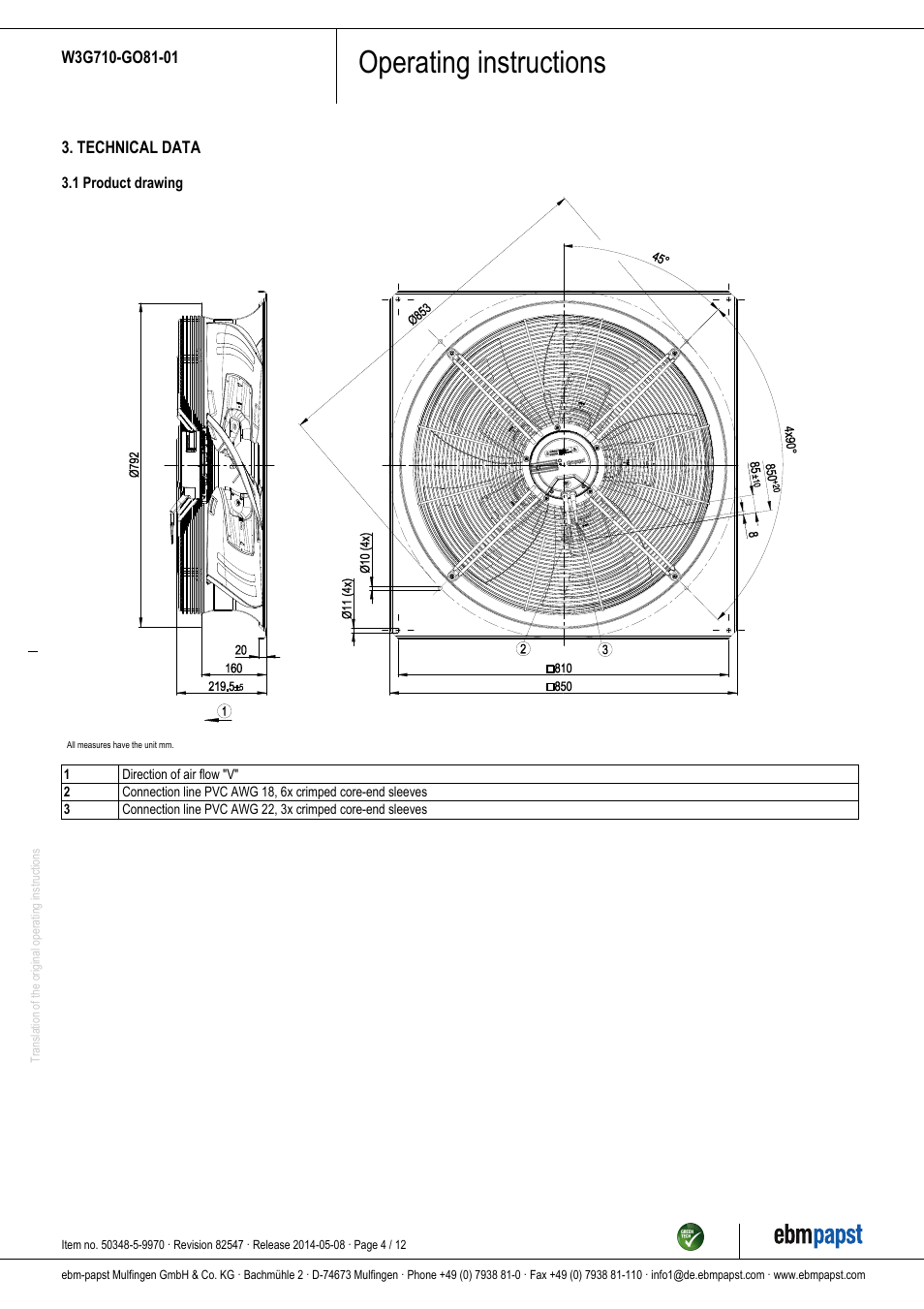 Operating instructions | ebm-papst W3G710-GO81-01 User Manual | Page 4 / 12