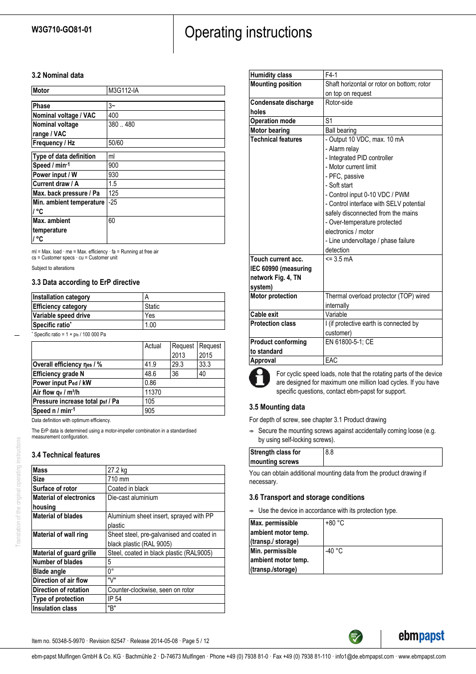Operating instructions | ebm-papst W3G710-GO81-01 User Manual | Page 5 / 12