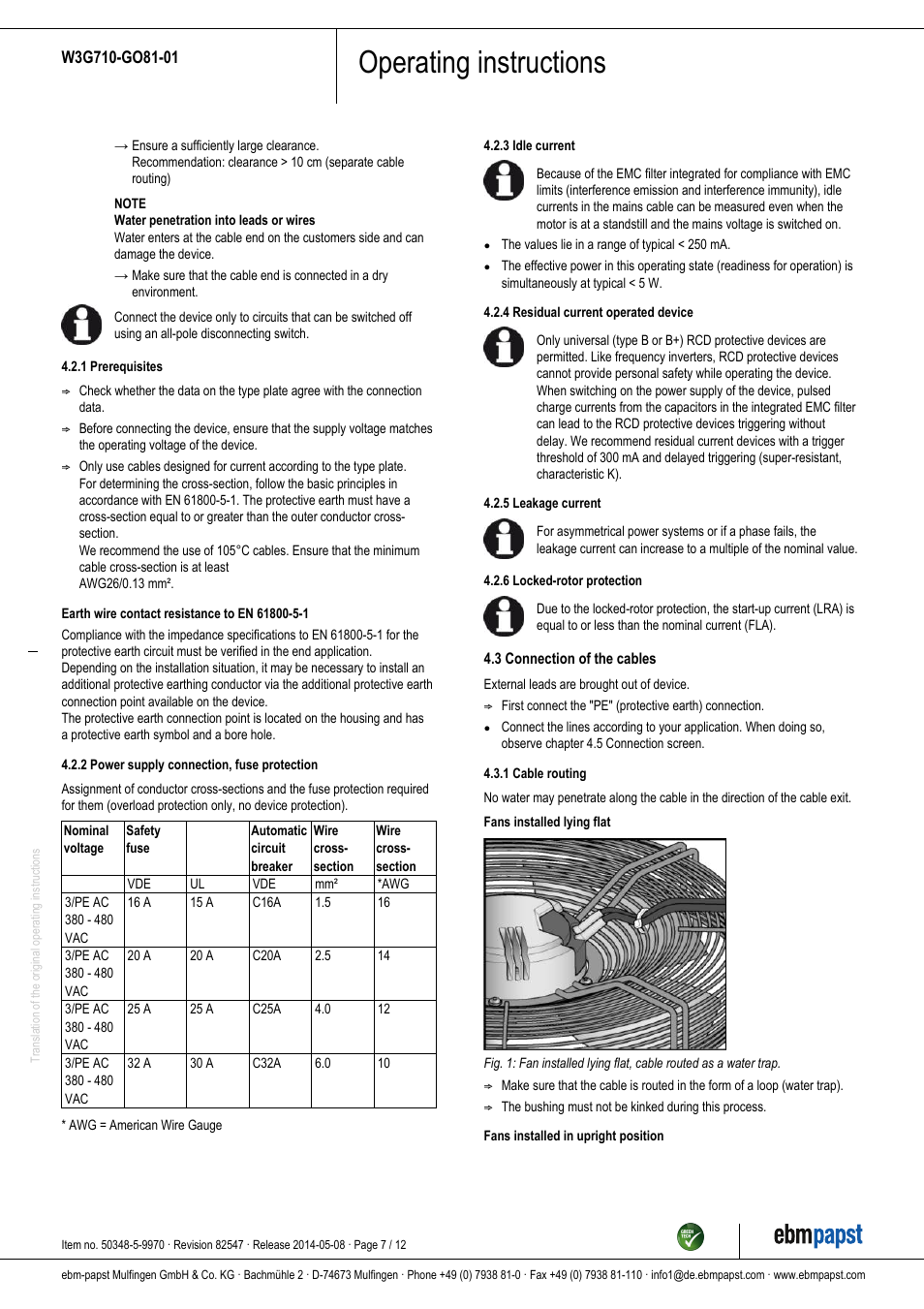 Operating instructions | ebm-papst W3G710-GO81-01 User Manual | Page 7 / 12