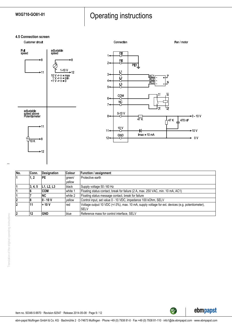 Operating instructions | ebm-papst W3G710-GO81-01 User Manual | Page 9 / 12