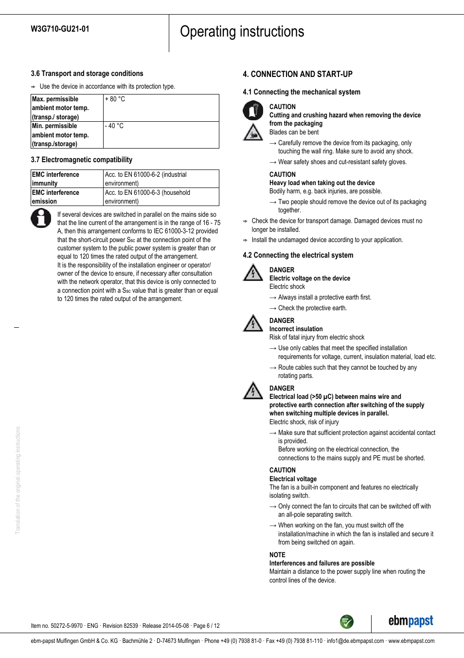 Operating instructions | ebm-papst W3G710-GU21-01 User Manual | Page 6 / 12